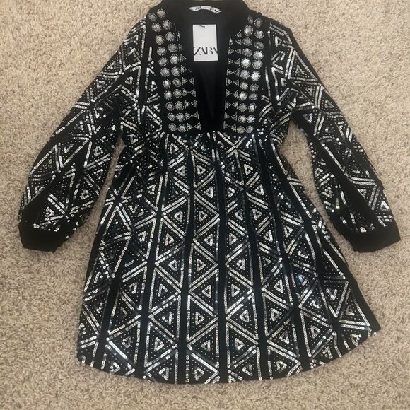 Zara Velvet Embroidered Sequin Short Dress NWT Black Silver Size Small - Picture 3 of 14